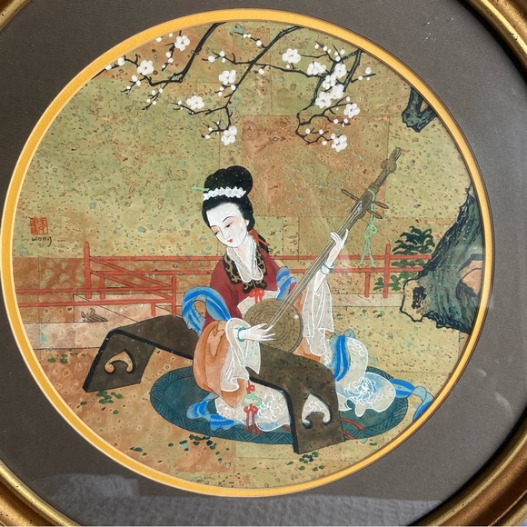 Vintage Wong Geisha Gouache watercolour painting on cork Asian oriental goddess - Picture 3 of 9